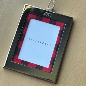 Pottery barn 2017 silver framed ornament with plaid border